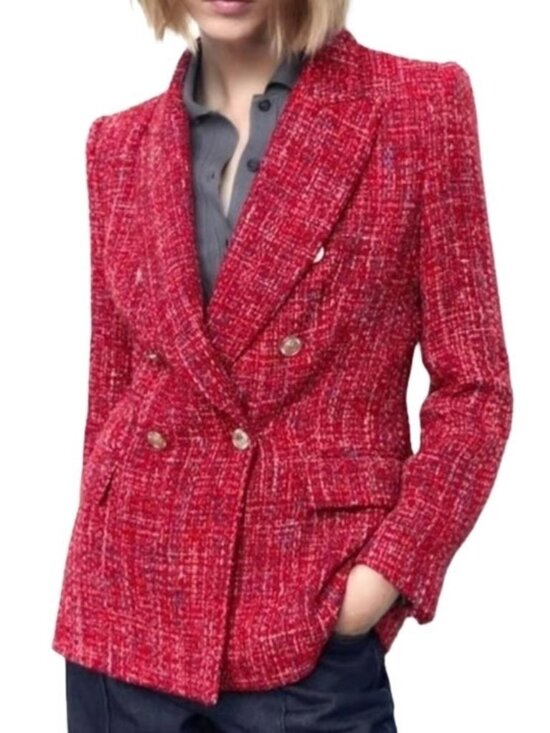 Zara Jackets & Blazers - Zara Tweed Double-Breasted Red Blazer Jacket XS